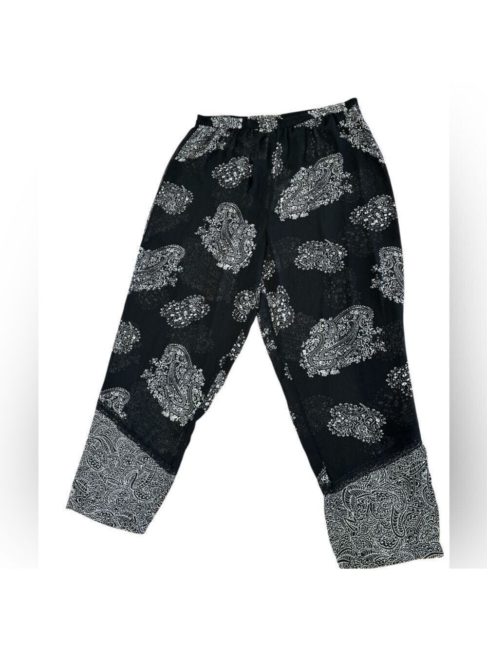90s 2PC DELICATES BOHO SHEER BLK & CREAM PAISLEY CROP TOP & WIDE LEG PANT SZ XL - Picture 12 of 16